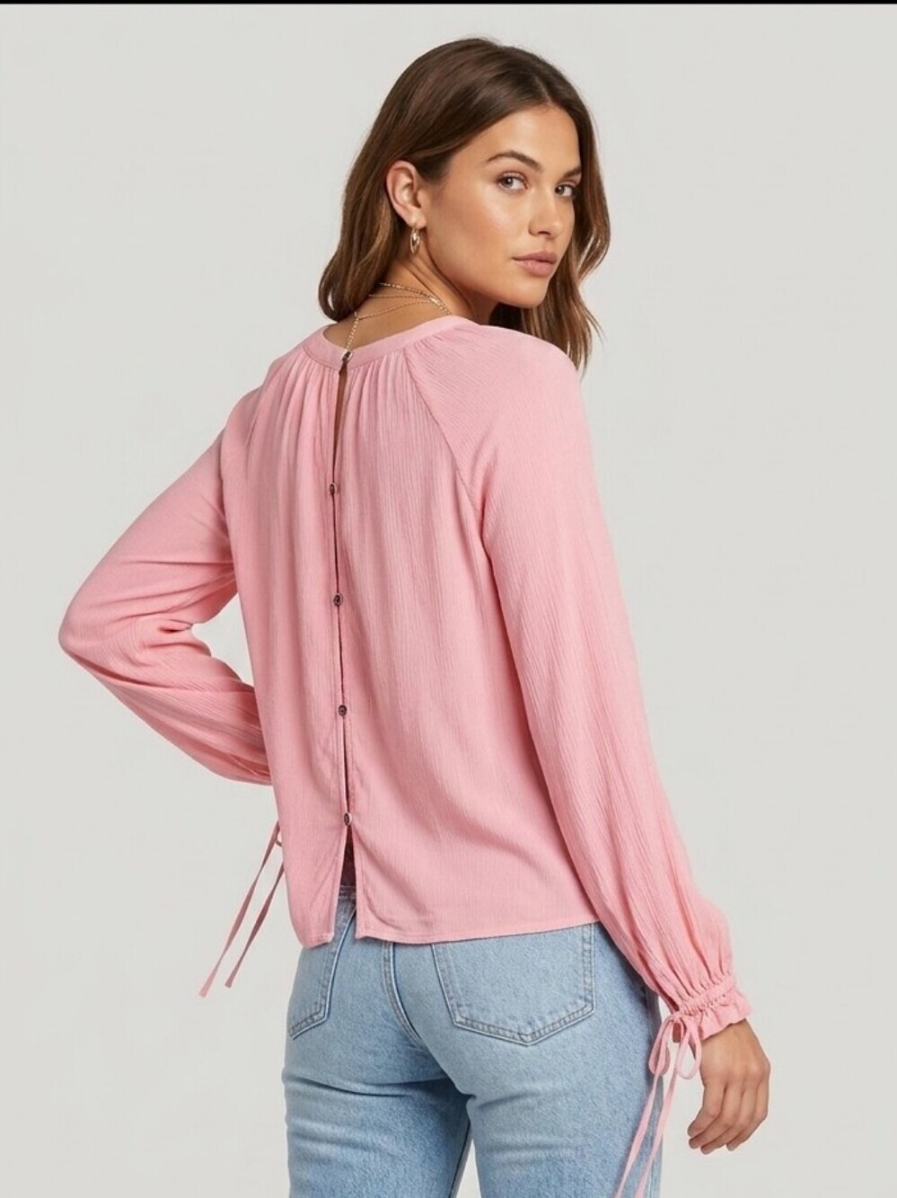 Bongo Crepe Blouse Pink Drawstring Poet Cuff Button Back Detail Feminine Large